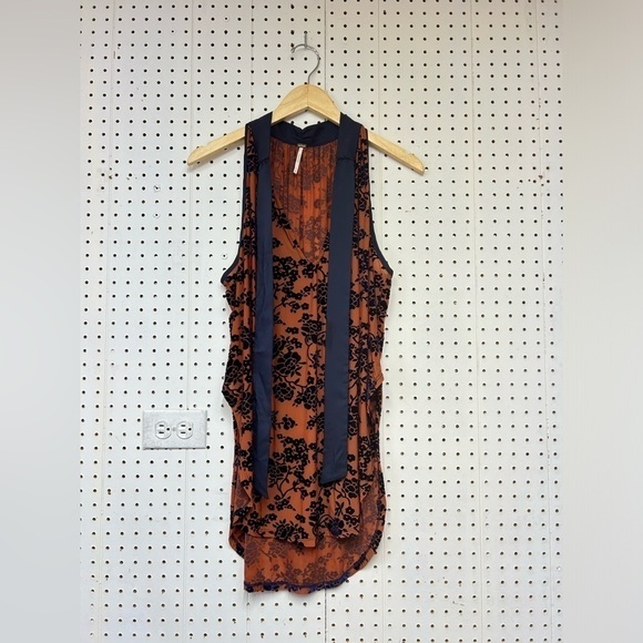 free people sleeveless tie neck tie blue velvet floral orange - Picture 2 of 4